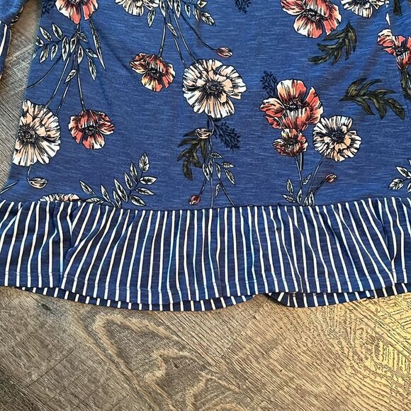 Fred David Floral Stripe Ruffle Hem Bell Sleeve Top Blue Off-Shoulder M Cute - Picture 3 of 8